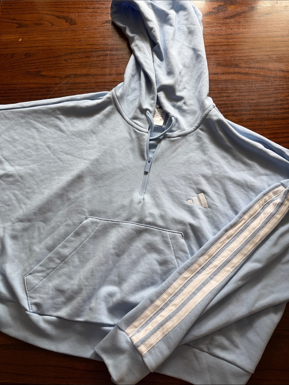 adidas Light Blue Half-Zip Hooded Sweater with White Stripe Sleeve